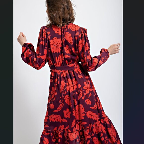 Easel Eggplant Floral Mirabelle Satin High Low Maxi Dress - Picture 3 of 4